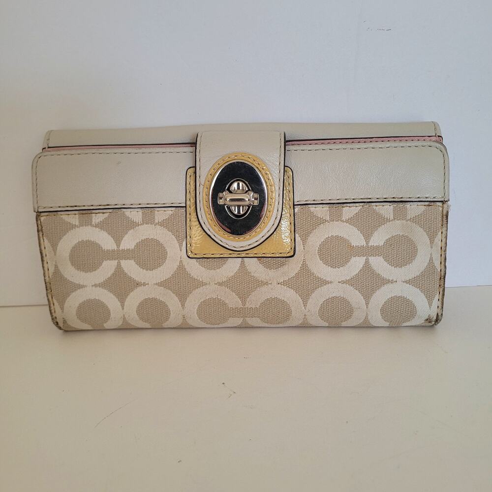 COACH Signature C Canvas Leather Turnlock Continental‎ Wallet Beige Pink Bifold